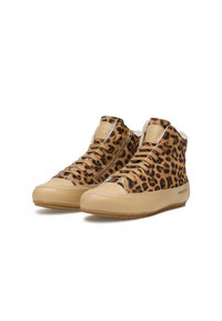 Leopard print high-top sneakers with tan leather accents, textile upper, round toe, and lacing with side zipper for easy access.