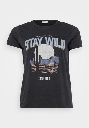 Black cotton t-shirt featuring a graphic print of a desert scene with cacti, a moon, and the phrase "STAY WILD" in blue lettering.