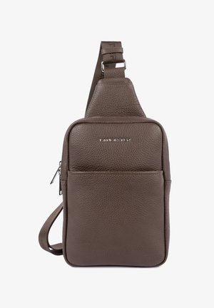 Borsa a tracolla in pelle marrone con finitura testurizzata, tracolla regolabile, tasca frontale con zip e logo silver davanti.