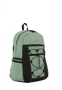 Green and black backpack made of durable material, featuring multi-directional straps, elastic bungee cord, and a logo patch on the front.