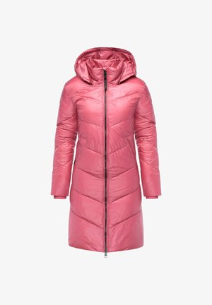 Pink puffer coat with a hood, featuring a zip front closure, long sleeves, and a quilted design with angular patterns. Smooth texture.