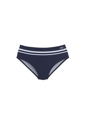 Navyblauwe bikinionderkant gemaakt van glad materiaal, met twee witte horizontale strepen op de tailleband en een klassieke snit.