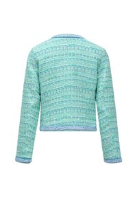 Giacca cropped texture azzurro e verde con maniche lunghe, caratterizzata da un motivo intrecciato e rifiniture intrecciate lungo l'orlo e i polsini.