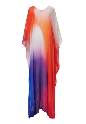Kleurvolle doorzichtige kaftan met een v-halsontwerp, met een gradient van rode, oranje, roze, paarse en blauwe tinten, gemaakt van een vloeiende en lichte stof.