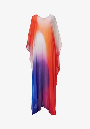 Kleurvolle doorzichtige kaftan met een v-halsontwerp, met een gradient van rode, oranje, roze, paarse en blauwe tinten, gemaakt van een vloeiende en lichte stof.