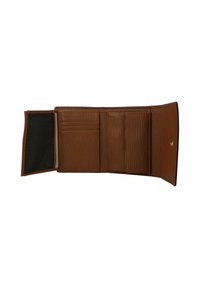 Brown textured leather wallet with multiple card slots, compartments, and a mesh pocket, featuring a smooth cream lining and gold accent.