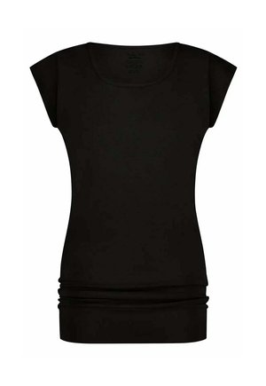 Zwart topje met korte mouwen, een ronde hals, zachte stof en een geplooid detail aan de zoom, die een slanke pasvorm en een gladde textuur bieden.