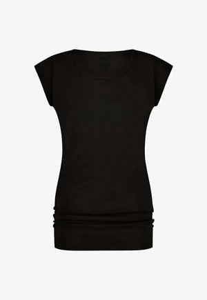 Zwart topje met korte mouwen, een ronde hals, zachte stof en een geplooid detail aan de zoom, die een slanke pasvorm en een gladde textuur bieden.