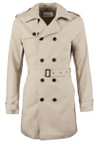 Trench-coat beige croisé avec boutons noirs, ceinture avec boucle, col cranté, épaulettes et brides aux poignets.