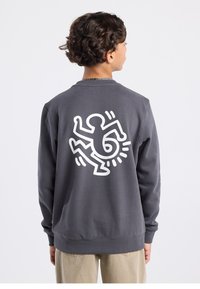 Grey sweatshirt with long sleeves, featuring a large white graphic design on the back. Cotton material, ribbed cuffs, and hem.