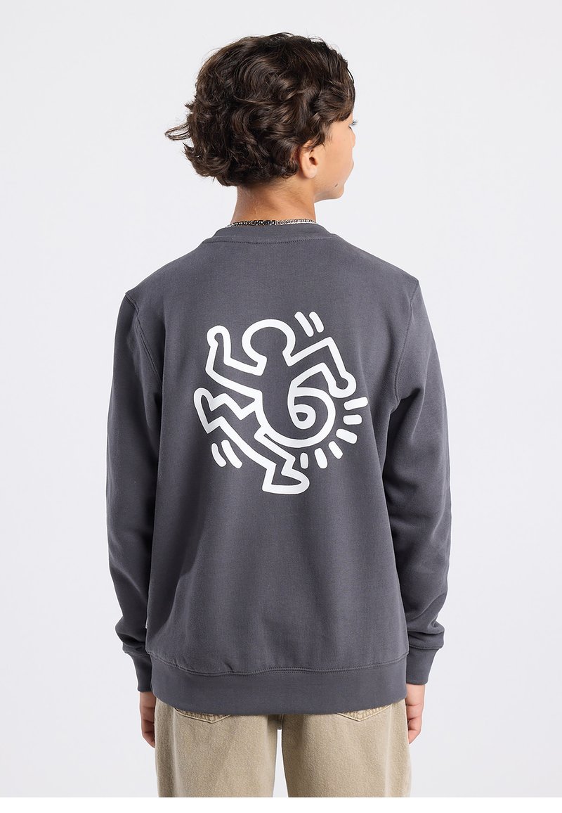 Grey sweatshirt with long sleeves, featuring a large white graphic design on the back. Cotton material, ribbed cuffs, and hem.