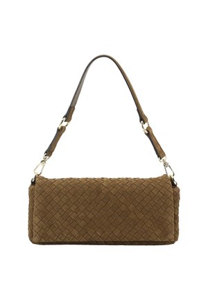 Brown suede handbag with woven texture, rectangular shape, and single top shoulder strap with gold-tone clasps.