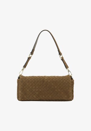Brown suede handbag with woven texture, rectangular shape, and single top shoulder strap with gold-tone clasps.