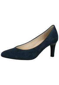 Tmavě modré semišové lodičky na vysokém podpatku s špičatou špičkou a výškou podpatku 7,5 cm. Hladký povrch a minimalistický design s výřezem.
