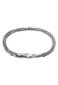 Silver bracelet featuring a woven chain design with a smooth, polished clasp. The texture is consistent throughout, with a shiny finish.