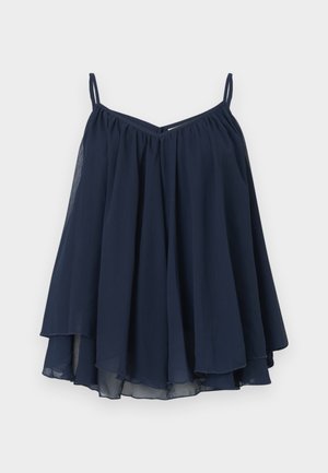 Haut en chiffon bleu marine sans manches avec fines bretelles, coupe ample et fluide, ourlet en couches, idéal pour une tenue d'été décontractée ou habillée.