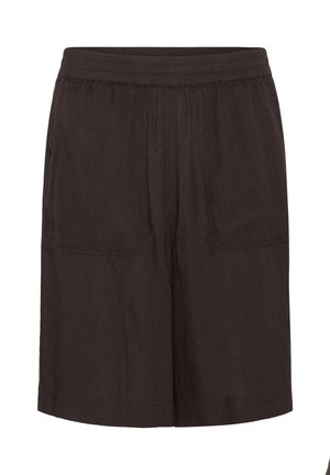 Barna térdig érő rövidnadrág rugalmas derékpánttal és elülső foltzsebekkel, könnyű anyagból készült.