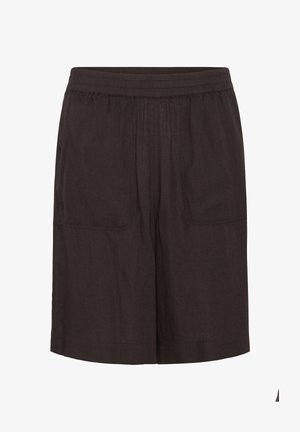 Shorts marron mi-cuisse avec une taille élastique et des poches plaquées à l'avant, fabriqués en tissu léger.
