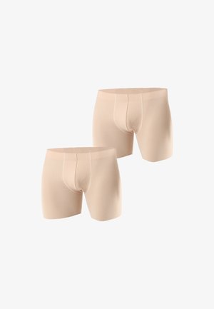 Beige men's boxer briefs made of soft fabric with a smooth texture, featuring a fitted design and elastic waistband. Two pairs displayed.
