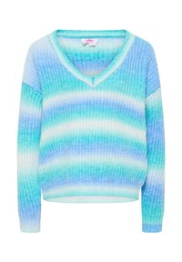 Maglione leggero in maglia con scollatura a V, caratterizzato da una sfumatura di strisce blu e teal, con polsini e orlo a coste. Texture morbida in generale.