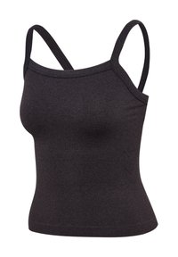 Black ribbed knit sleeveless cropped tank top with dual spaghetti straps and subtle side chevron pattern.