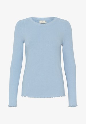 Jasnoniebieska, długorękawowa bluzka z prążkowanego materiału, okrągłym dekoltem i falbanką na dole. Posiada dopasowany krój i teksturowany materiał.