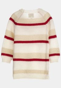 Pull crème avec des rayures horizontales rouges et beiges. Présente un col et des poignets côtes, fabriqué en matériau tricoté doux.