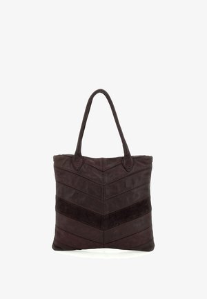 Borsa tote in pelle marrone scuro con motivo cucito a spina di pesce e due manici lunghi per portare a spalla.