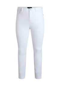 Jeans blancos ajustados de tejido de mezcla de algodón. Cuenta con cinco bolsillos, pasadores para cinturón y un cierre de cremallera con botón. Textura suave.