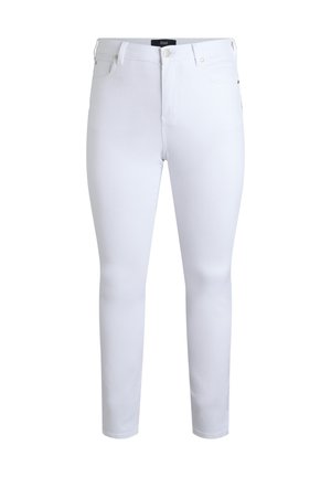 Witte skinny jeans van een katoenmix. Heeft vijf zakken, riemlussen en een ritssluiting met knoop. Soepele textuur.