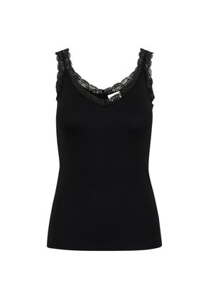 Top nero smanicato con una forma aderente, caratterizzato da una scollatura a V e bordi in pizzo per un tocco di texture e dettaglio in più.