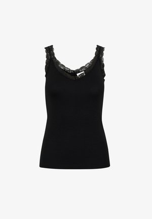 Top negro sin mangas con forma ajustada, que cuenta con un escote en V y detalles de encaje a lo largo de los bordes para añadir textura y detalle.