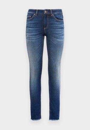 Oprijete jeans hlače iz denima, s prelivom od temno modre do svetlo modre, pet žepnim dizajnom in raztrganim robom na gležnjih.