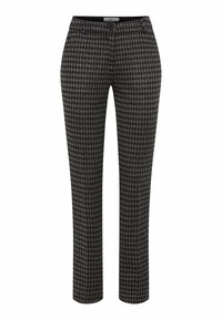Op maat gemaakte broek in een houndstoothpatroon, met een mix van zwart en grijs. Slank model met een gladde textuur en knoopsluiting.