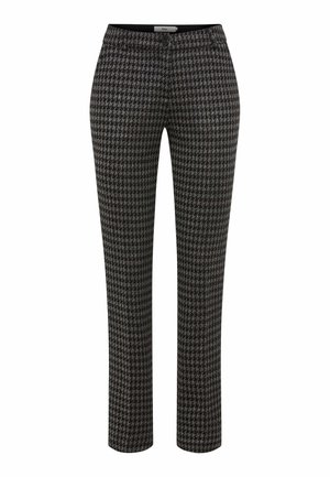 Maßgeschneiderte Hosen im Hahnentritt-Muster, das eine Mischung aus Schwarz und Grau aufweist. Schlanker Schnitt mit glatter Textur und Knopfverschluss.