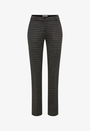 Skreddersydde bukser i et hundetandmønster med en blanding af sort og grå. Slim-fit design med en glat tekstur og knaplukning.