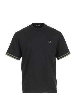 T-shirt nera a maniche corte con doppie strisce verde oliva sui polsini delle maniche e piccolo logo corona d’alloro sul petto sinistro.