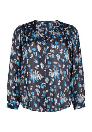 Sort bluse med blomstermønster i blå og beige, med knaplukning foran, lange ærmer og en afslappet pasform. Fremstillet af letvægtsstof.