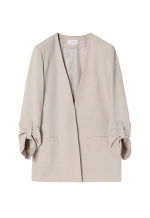 Lichtbeige blazer met een V-hals, driekwartmouwen met knoopaccenten en twee voorzakken. Glad stof met een gestructureerd ontwerp.