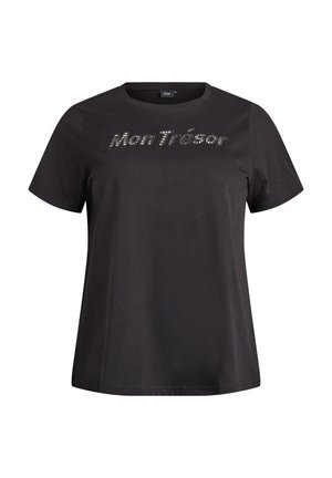 Schwarzes T-Shirt mit kurzen Ärmeln aus Baumwolle mit lockerer Passform, vorne mit dem Schriftzug „Mon Trésor“ in einem glänzenden, strukturierten Design.