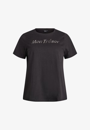 T-shirt noir à manches courtes en coton avec une coupe décontractée, arborant le texte « Mon Trésor » dans un design brillant et texturé sur le devant.