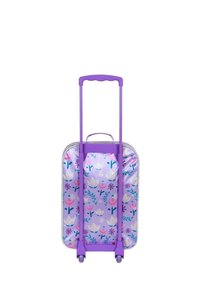 Equipaje de ruedas morado con un diseño floral en rosa, azul y blanco. Tiene un asa telescópica y ruedas de rodaje suave.