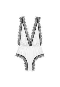 Vit bodysuit med spetsdetaljer, featuring en djup V-ringning, vågiga svarta spetskanter och en tät design med en slät textur.