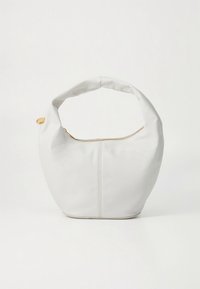 White leather bag with a rounded shape, curved handle, and a gold zipper detail along the top opening. Smooth texture and minimalistic design.