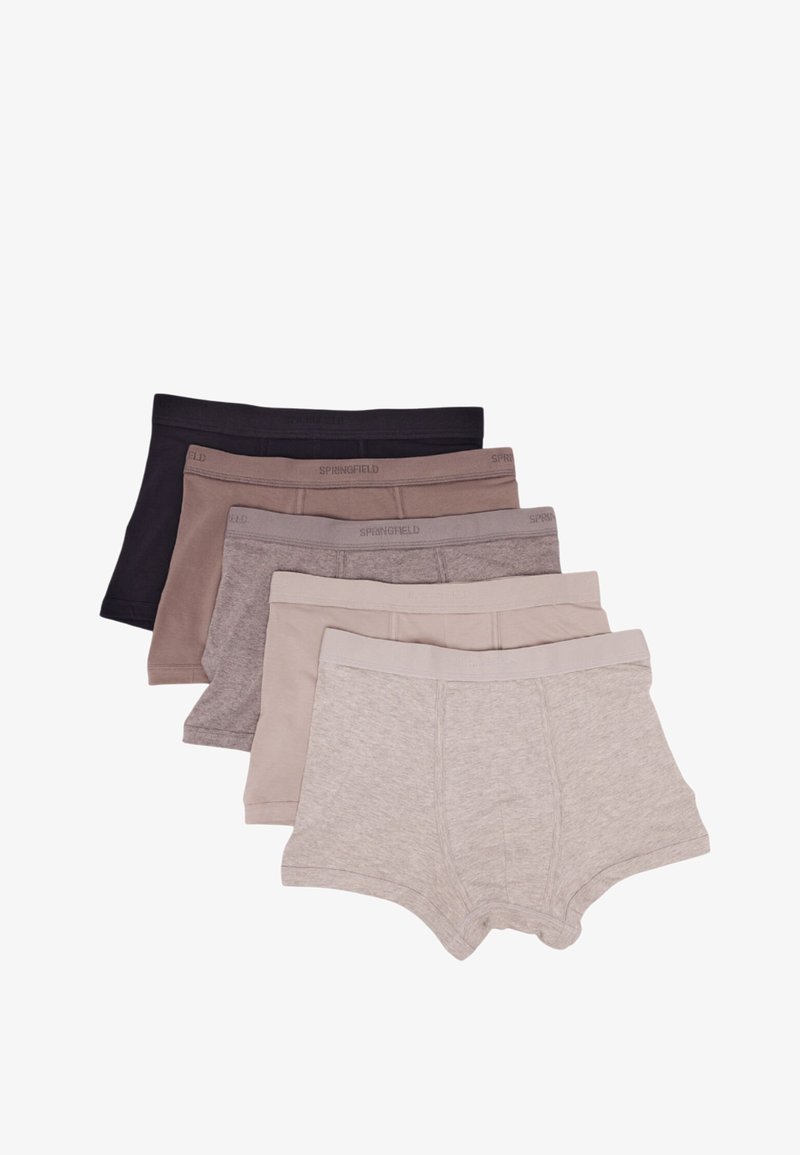 Set di cinque paia di boxer in diversi colori neutri: nero, grigio scuro, grigio chiaro, beige e beige chiaro. Realizzati in morbido tessuto misto cotone.