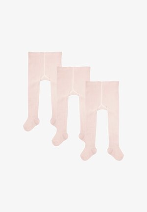 Drie paar lichtroze panty's met een gladde textuur, inclusief voetontwerp, met een naadloze tailleband en versterkte tenen.