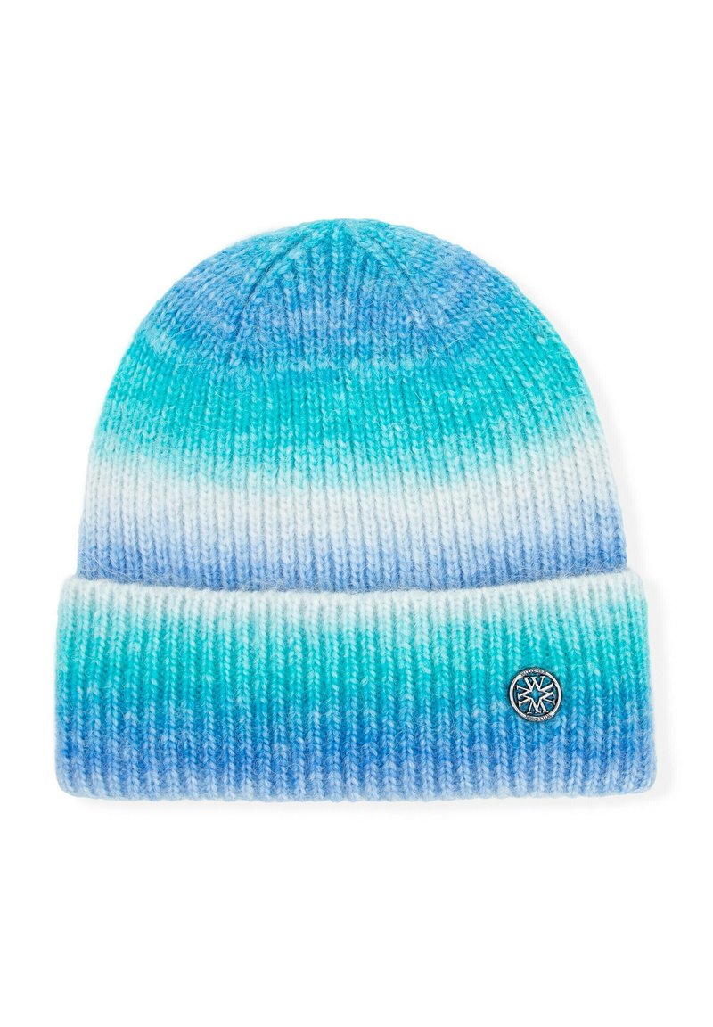 Gorro de punto en tonos degradados de azul, con puño doblado. Textura suave con un logo circular en la parte frontal.