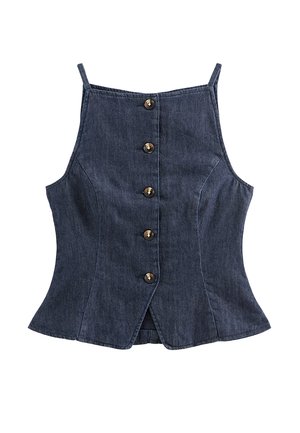 Top corset style en denim bleu foncé sans manches avec fermeture à boutons sur le devant et fines bretelles.