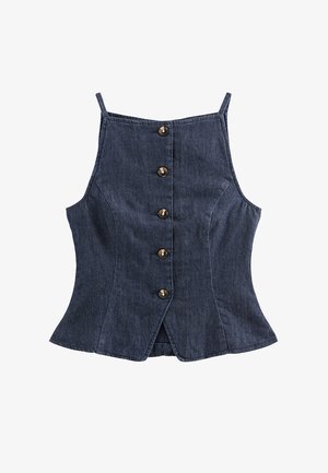 Dark blue denim sleeveless corset-style top with front button closure and thin shoulder straps.