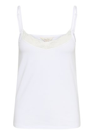 Camisola bianca con spalline sottili regolabili. Presenta un colletto a V rifinito in pizzo e un tessuto leggero e liscio. Design pulito e semplice.